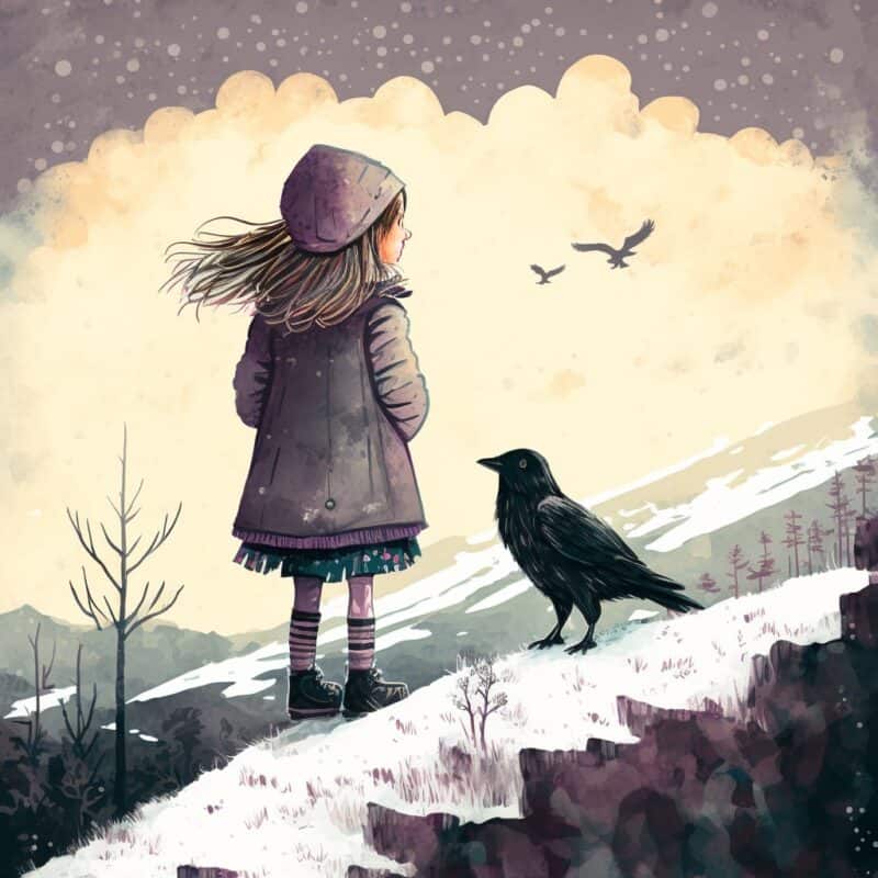 Fairytale - A Small Crow And A Small Girl On A Winter Hill