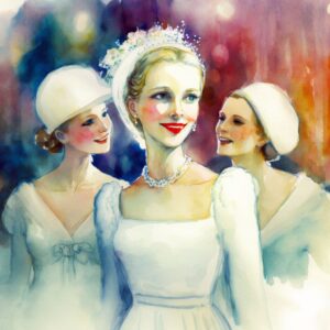 Tale at Night - Happy White Woman With Hat Among Other Women Of Fairyland At Royal Ball In Winter