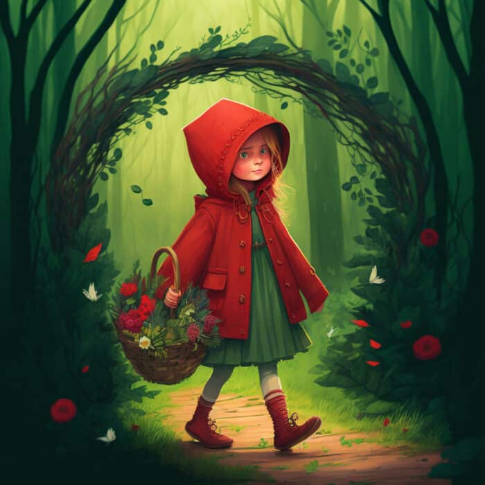 Fairy Tale For Children Little Red Riding Hood. A little girl with a red coat and a red cap walking through a beautiful green forest with a basket and flowers.