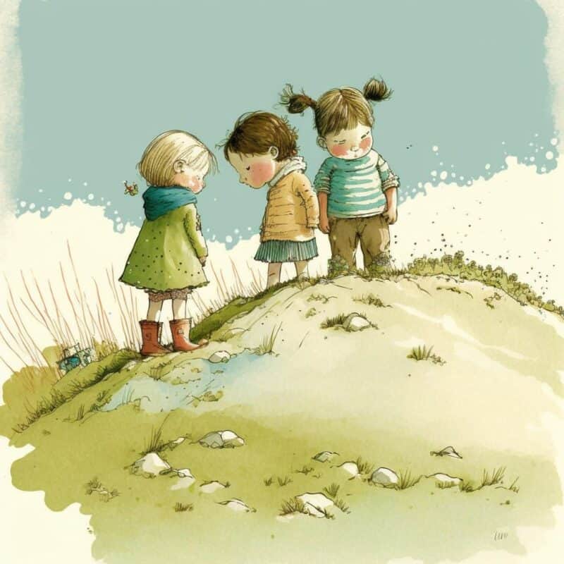 Fairytale - Four Children On A Hill, Blue Sky, Melting Snow And Showing Grass And Ground
